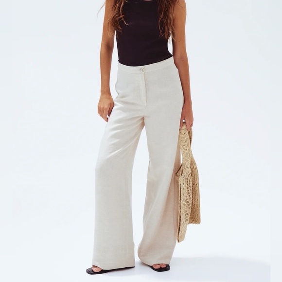 H&M Pants - H&M Light Beige/Khaki Wide-Leg Linen Pants Size 8